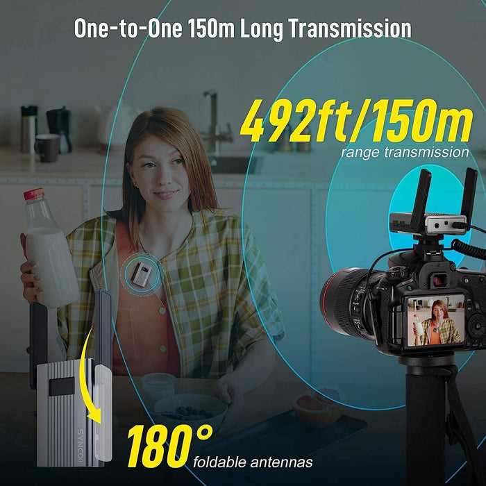 SYNCO-(TS-Mini)-UHF-Wireless-Lavalier-Microphone-System, 1 Transmitter 1 Receiver Mic 60 Channels Real-time Monitoring 492ft for Smartphone, DSLR/Mirrorless, Camcorder, Laptop, Tablet - Digitek