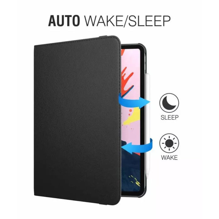 Black synthetic leather cover for iPad Pro 12.9” 3rd generation 2018, by 9eight5, shown on a tablet with open front flap.
