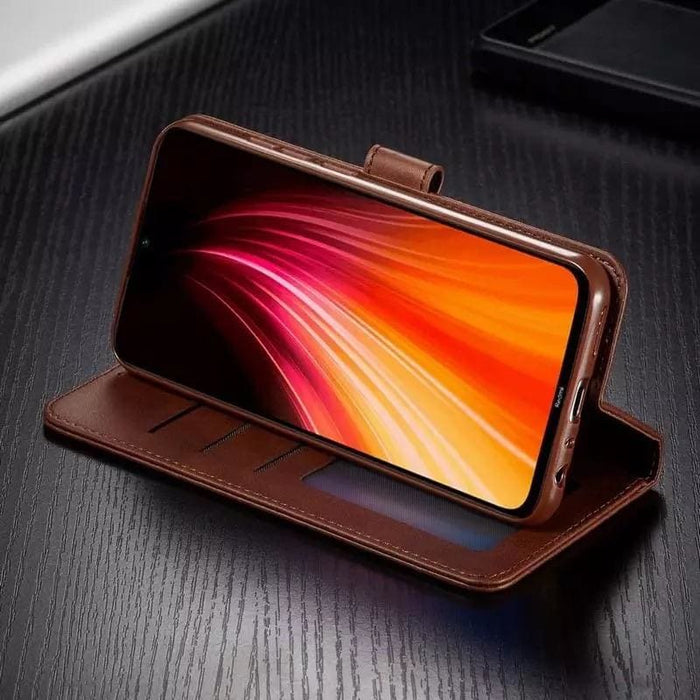 Brown synthetic leather flip case for Samsung Galaxy S20 Plus by 9eight5, showing front view with open cover and interior slots.