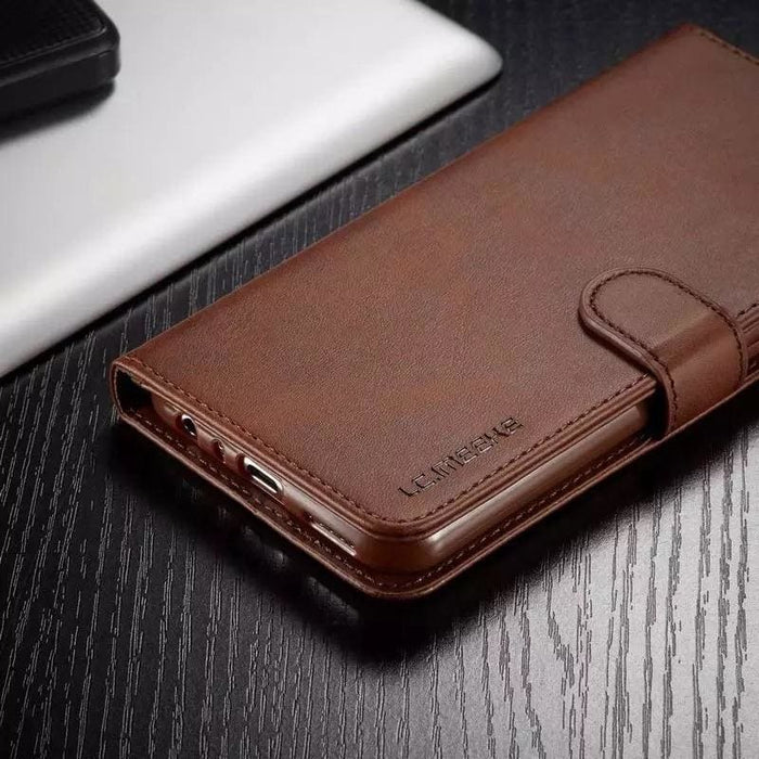 Brown synthetic leather flip case for Samsung Galaxy S20 Plus by 9eight5, with front cover and precise cutouts for phone buttons.