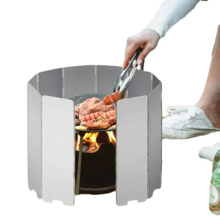 Tall aluminium stove windscreen by Habicare, foldable gas burner shield for outdoor cooking, lightweight and durable SS material.