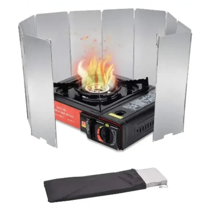 Stainless steel tall aluminium stove windscreen by Habicare, foldable gas burner shield for outdoor cooking protection.