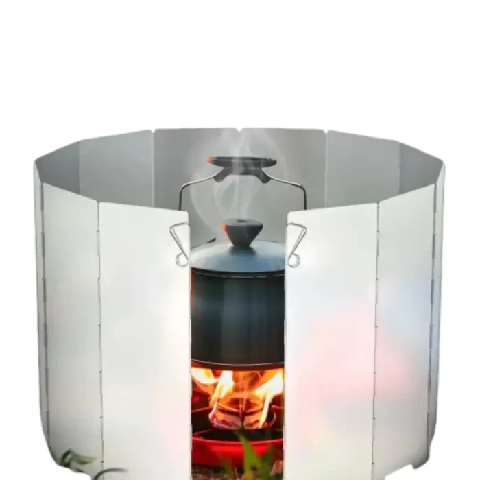 Habicare tall aluminium stove windscreen and foldable gas burner shield, stainless steel construction for outdoor cooking protection.