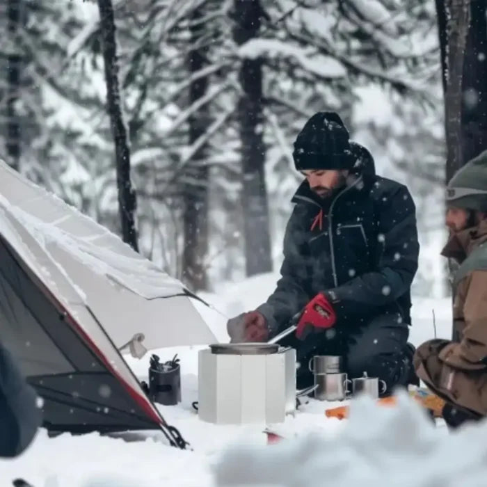 Tall aluminium stove windscreen by Habicare, foldable gas burner shield for outdoor camping and cooking.