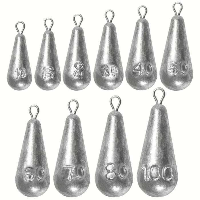 Habicare SS teardrop fishing sinkers, lead weights for bass, displayed in 10 sizes, designed for fishing tackle.