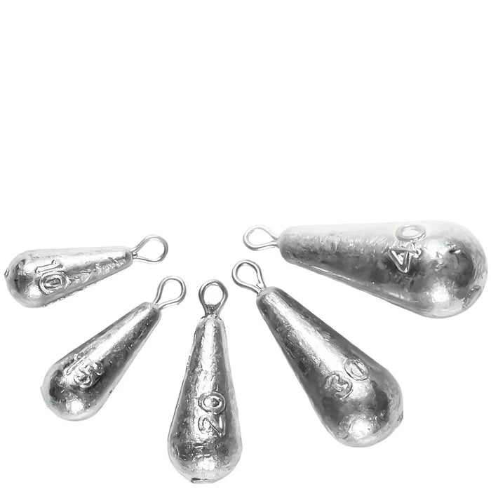 Habicare SS teardrop fishing sinkers in various sizes, lead weights designed for bass fishing, shown in a close-up image.