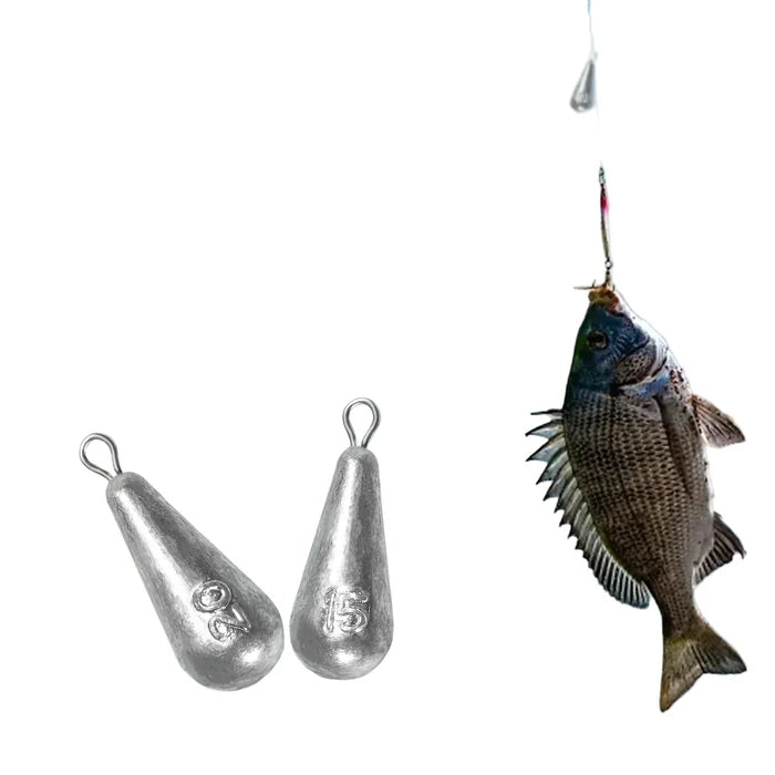 Silver Habicare teardrop fishing sinkers, lead weights for bass, available in 10 sizes, designed for effective fishing.