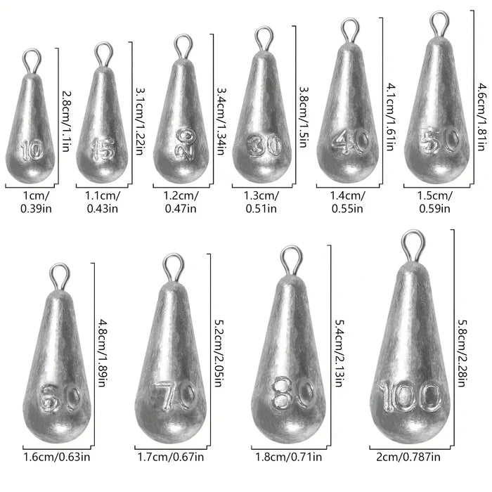 Habicare SS teardrop fishing sinkers, lead weights for bass, shown in multiple sizes on a fishing setup.