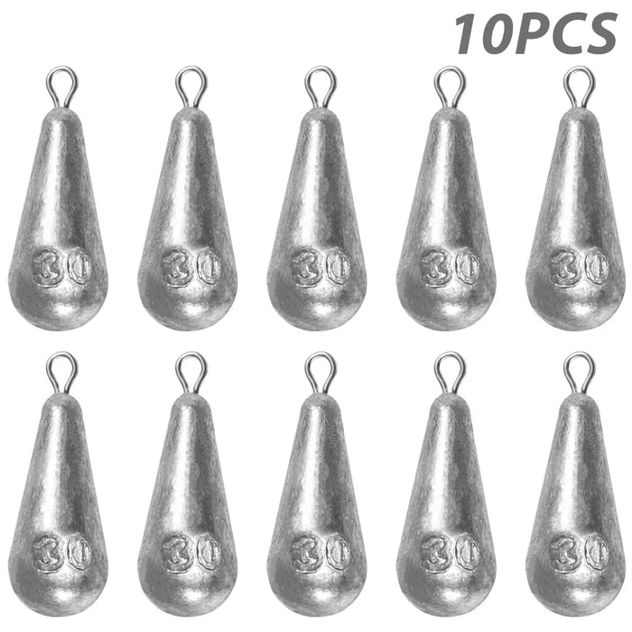 Habicare SS teardrop fishing sinkers, lead weights for bass, in 10 sizes, designed for precise casting and deep water fishing.