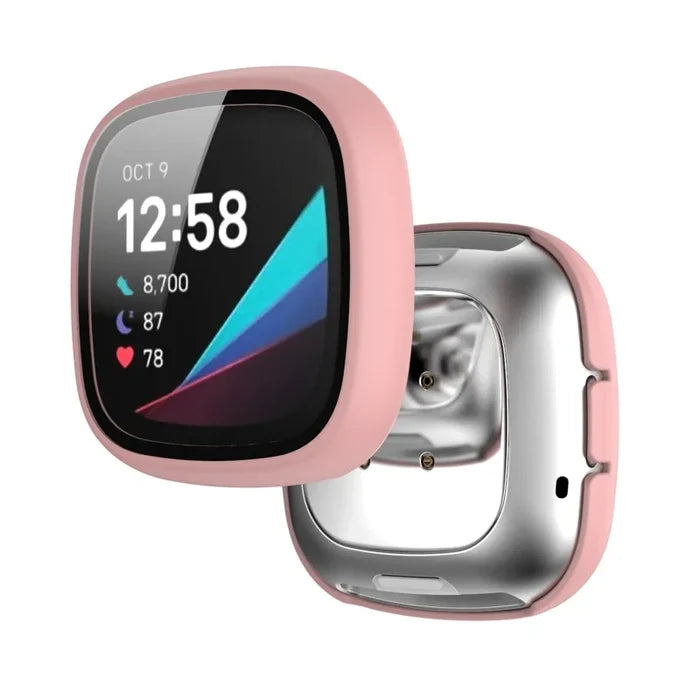 Habicare TWS tempered glass case cover for Fitbit Versa 3, protective and transparent smartwatch accessory.