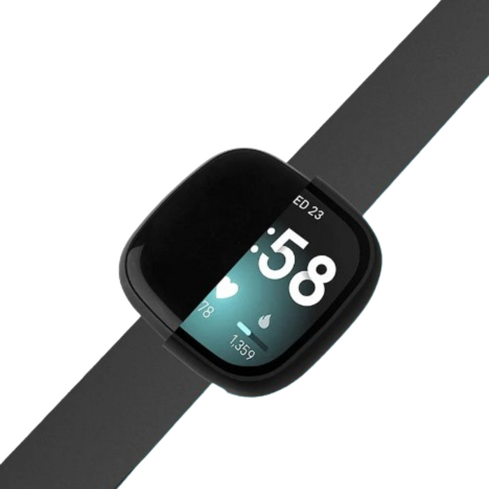 Habicare tempered glass case cover for Fitbit Versa 3, TWS style, providing screen protection and a clear view of the watch face.