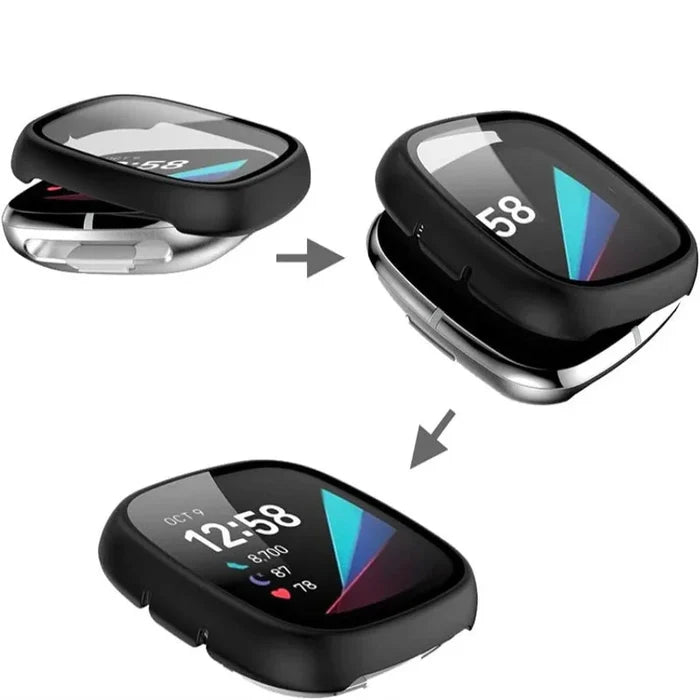 Habicare TWS tempered glass case cover for Fitbit Versa 3, providing protection and a sleek look for the smartwatch.