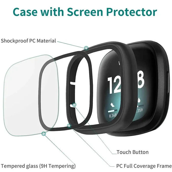 Habicare TWS tempered glass case cover for Fitbit Versa 3, providing durable protection and clear visibility.