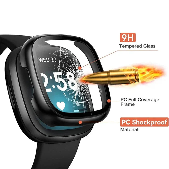 Habicare TWS tempered glass case cover for Fitbit Versa 3, providing durable protection with clear visibility.