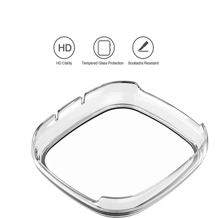 Habicare TWS tempered glass case cover for Fitbit Versa 3 smartwatch, providing protection and a sleek look.