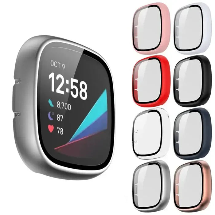 Habicare tempered glass case for Fitbit Sense TWS, providing protection with clear, durable cover for smartwatch display.