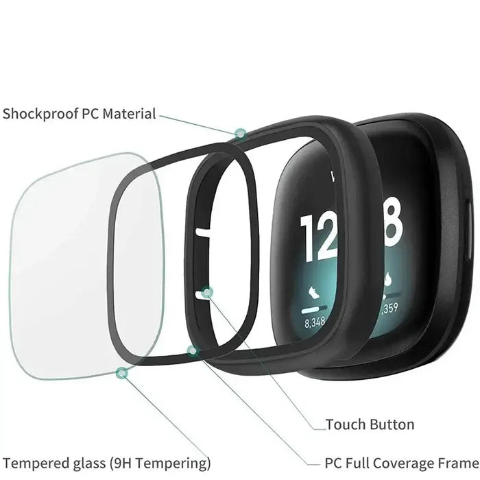 Habicare tempered glass case for Fitbit Sense TWS, showing clear protective cover with precise cutouts for sensors and buttons.