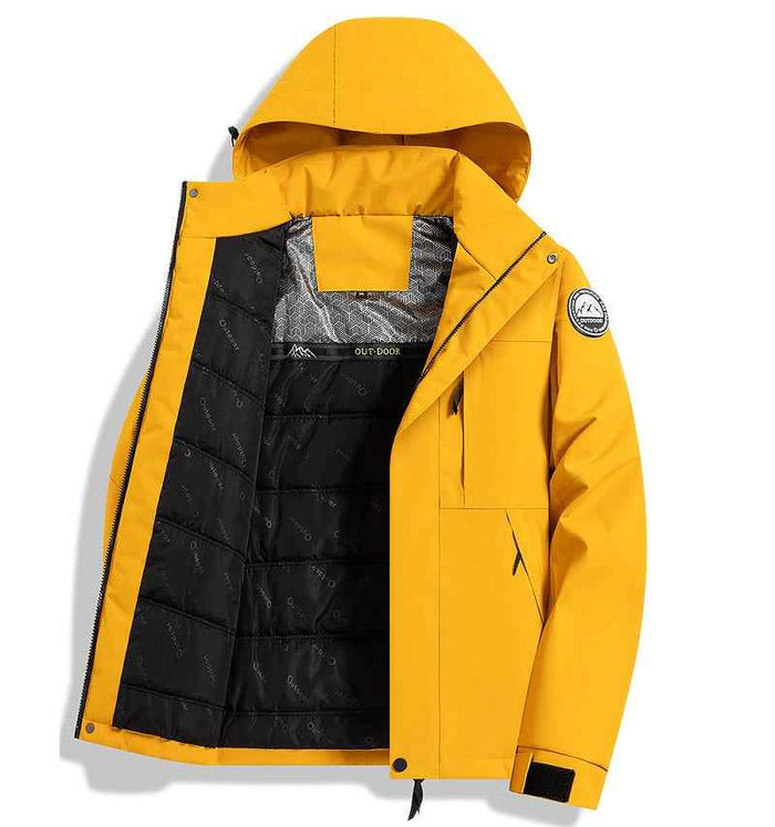 Yellow thickened lined heated waterproof jacket from dealonline.co.nz, showing the insulated interior and waterproof fabric.