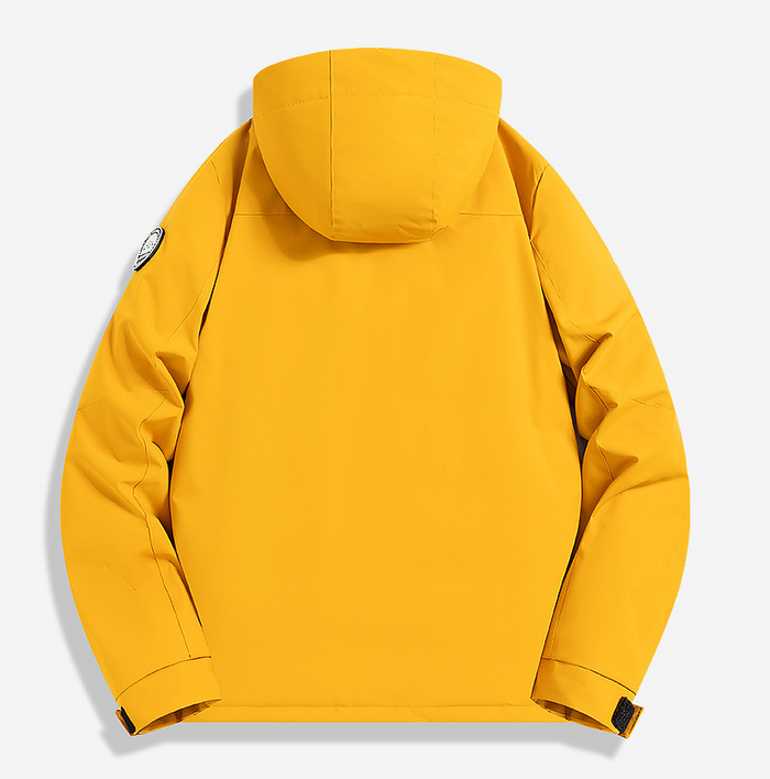 Yellow heated jacket with thick lining and waterproof features from dealonline.co.nz, shown with insulated, high-visibility design.