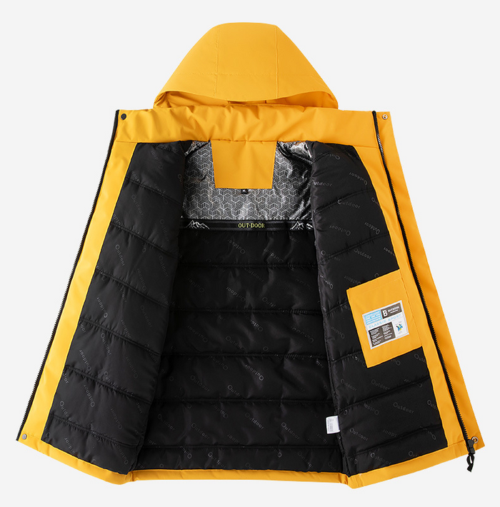 Yellow heated jacket with thick lining and waterproof design from dealonline.co.nz, suitable for cold and wet weather.