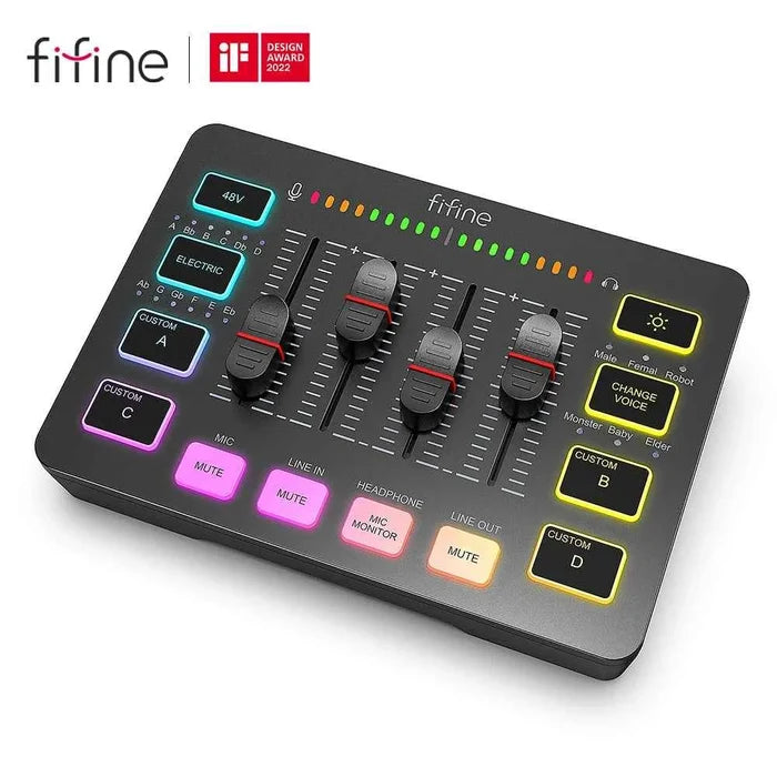 FIFINE gaming audio mixer from ShopHub NZ, showing control knobs and input ports for enhancing streaming sound quality.