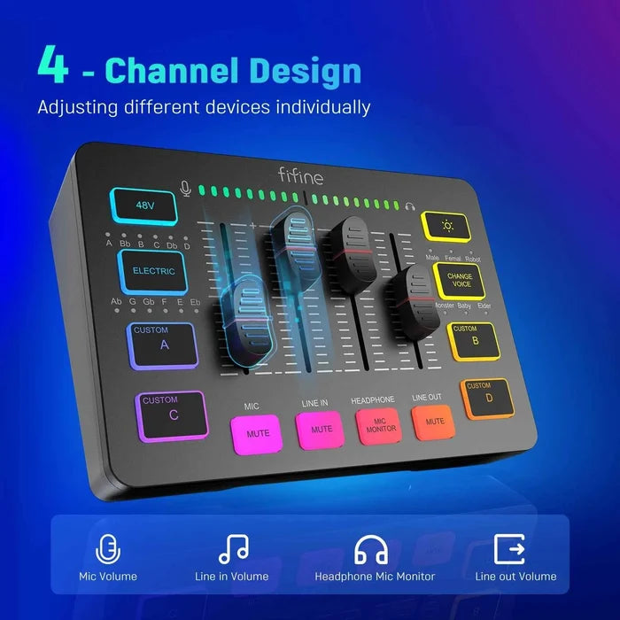FIFINE gaming audio mixer by ShopHub NZ with knobs and controls for enhancing streaming and gaming audio setup.