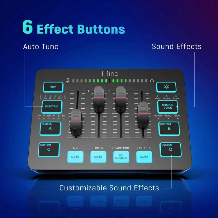 FIFINE gaming audio mixer with multiple knobs and inputs, designed for enhanced streaming and gaming sound control.