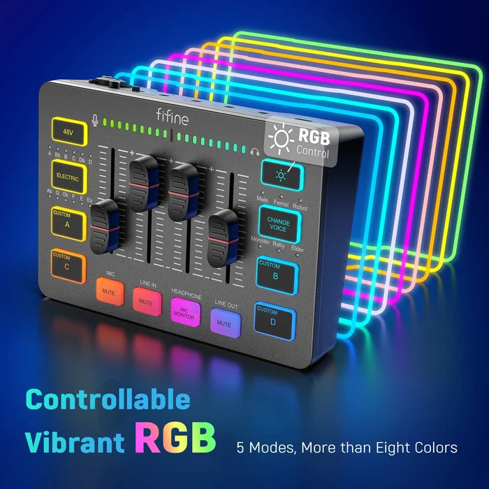 FIFINE gaming audio mixer by ShopHub NZ, showing a compact device with multiple sound control knobs and input ports for streaming.