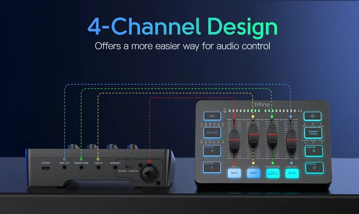 FIFINE gaming audio mixer by ShopHub NZ with multiple controls and input ports, used for enhancing streaming audio quality.