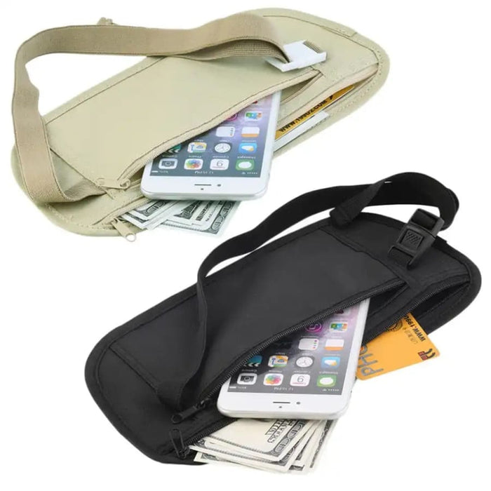 Black 9eight5 travel waist bag with adjustable strap, compact design, and multiple zipper compartments for accessories.