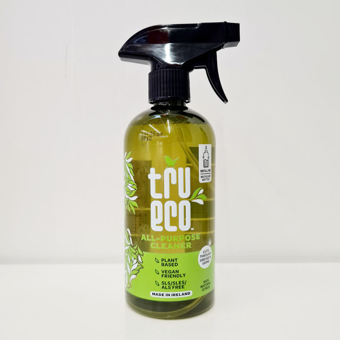 A bottle of TruEco All Purpose Cleaner with a spray nozzle, featuring green and yellow labeling and branding, placed against a white background.