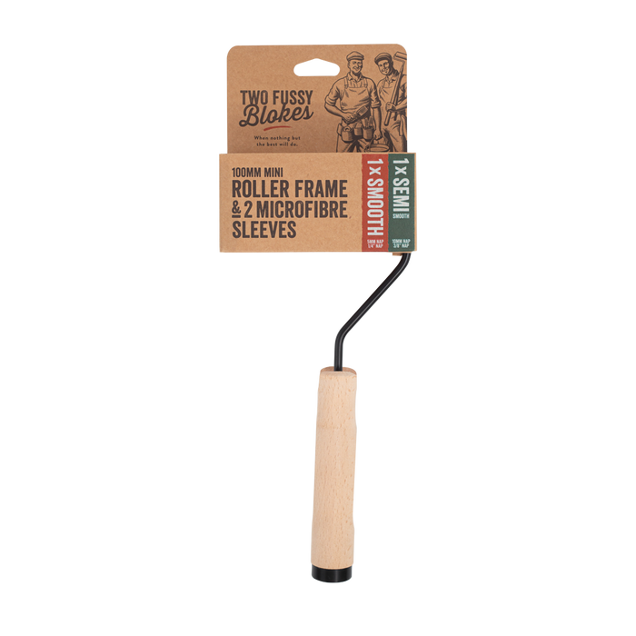 Roller frame with wooden handle and packaging labeled 'Two Fussy Blokes' on a white background