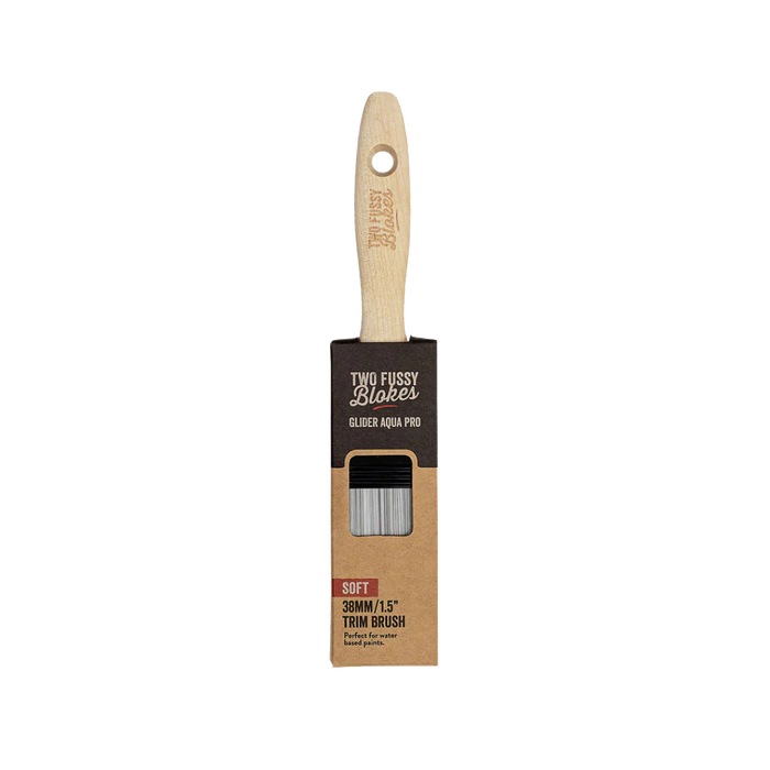 Paint brush with wooden handle and packaging labeled 'Two Fussy Blakes' on a white background