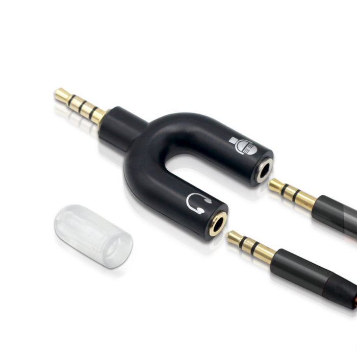techplus U-type dual 3.5mm headphone audio splitter adapter for mobile phones and headsets, showing the cable and connectors