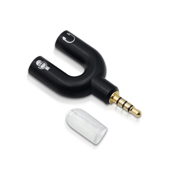 Techplus U-Type dual 3.5mm headphone audio splitter adapter for mobile phones and headsets, with two audio jacks and cable.