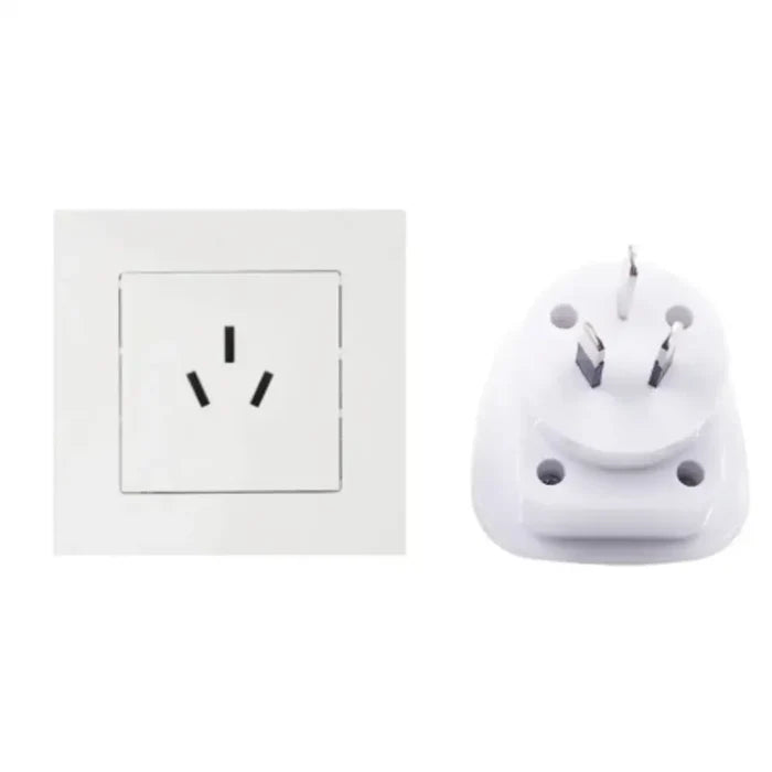 White UK/US to AU power plug adapter by Habicare, 10A 250V, designed for seamless connection between UK/US and Australian outlets.