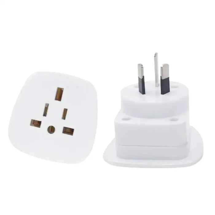 White UK/US to AU power plug adapter by Habicare, 10A, 250V, suitable for travel and international electrical connections.