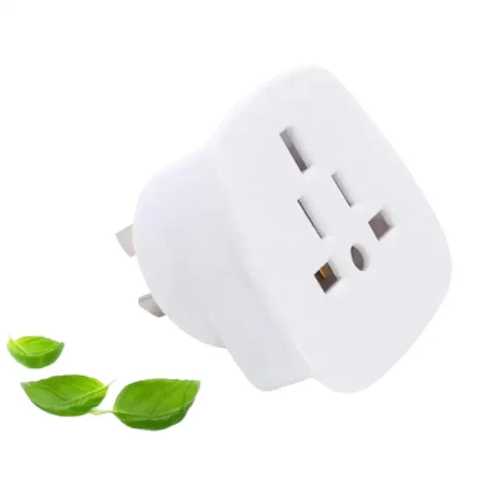 White UK/US to AU power plug adapter by Habicare, 10A 250V, suitable for converting UK or US plugs to Australian outlets.