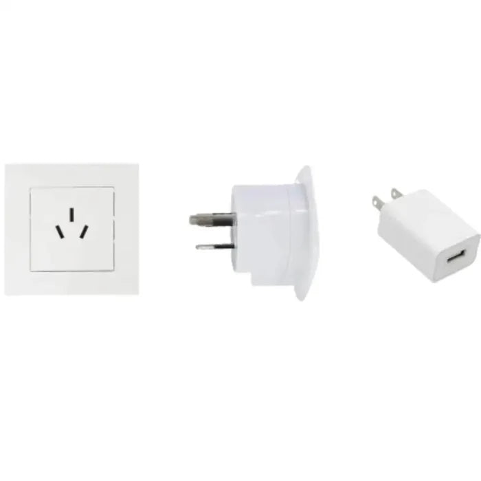 White UK/US to Australian power plug adapter by Habicare, 10A 250V, designed for seamless international device connectivity.