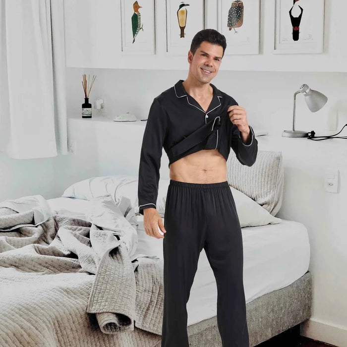 Men's silk satin pajamas set from ShopHub NZ, luxurious men's pyjamas with smooth satin fabric for comfortable relaxation.