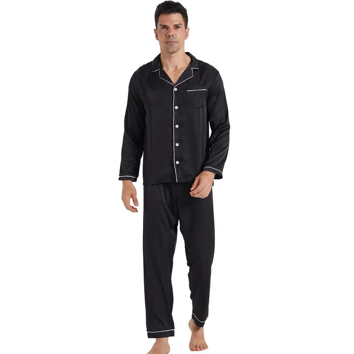Men's silk satin pajamas set by ShopHub NZ, featuring luxurious, comfortable men's pyjamas in a sleek satin finish.