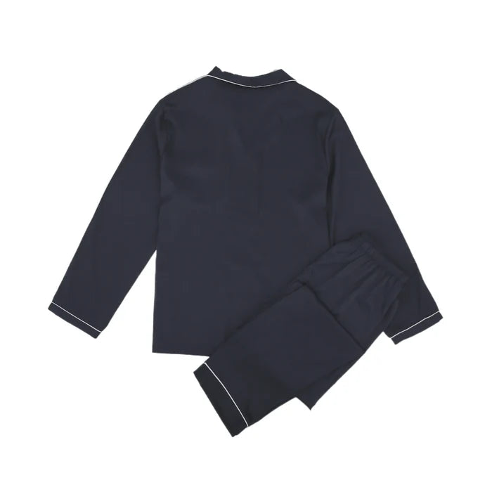 Men's silk satin pajamas set by ShopHub NZ, luxurious loungewear with a smooth, shiny fabric and relaxed fit for comfort.