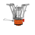 Habicare ultra-light foldable gas stove for camping and hiking, compact stainless steel design suitable for outdoor adventures.