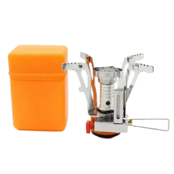 Habicare ultra-light foldable gas stove for camping and hiking, compact stainless steel design for portable outdoor cooking.
