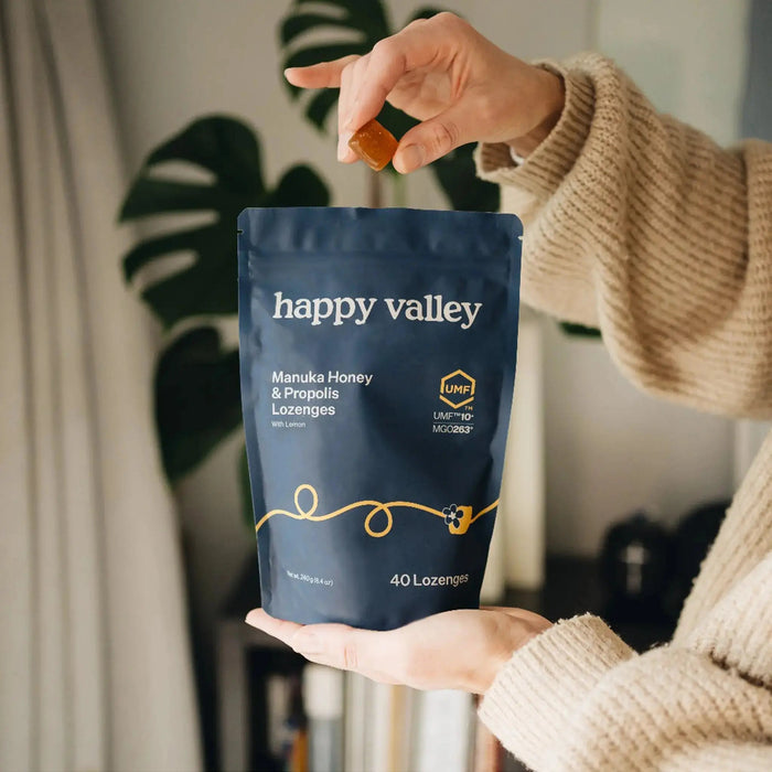 Happy Valley Honey UMF 10+ Manuka Honey and Propolis Lemon Lozenges, natural throat soothing lozenges with honey and lemon flavor.
