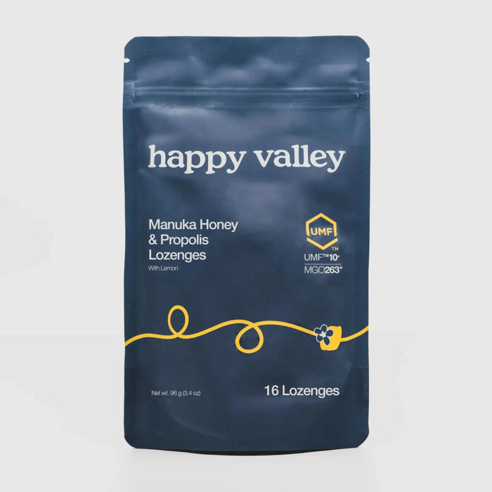 Happy Valley Honey UMF 10+ Manuka Honey and Propolis Lemon Lozenges, natural throat soothing lozenges in a clear package.