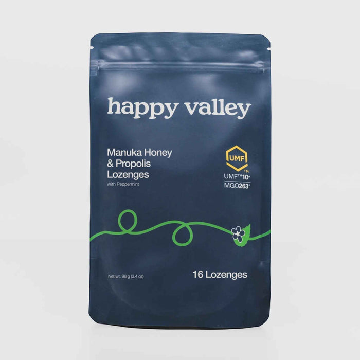 Happy Valley Honey UMF 10+ Manuka Honey and Propolis Lozenges with peppermint flavor, shown in a clear package.