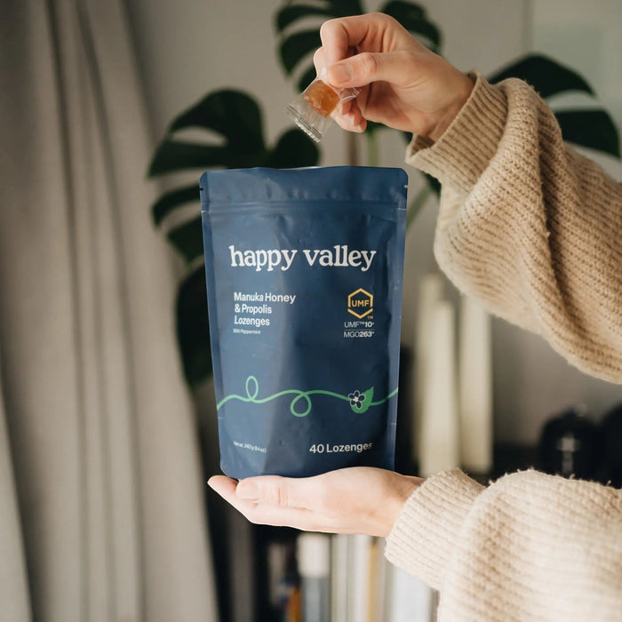 Happy Valley Honey UMF 10+ Manuka Honey and Propolis peppermint lozenges displayed in a clear package.