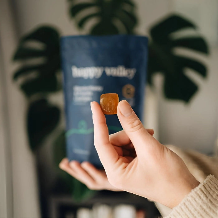 Happy Valley Honey UMF 10+ Manuka Honey and Propolis peppermint lozenges in a clear package with several lozenges visible