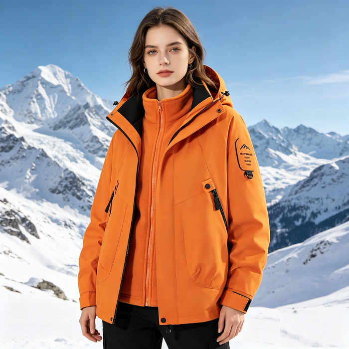 Unisex 3-in-1 waterproof windproof mountain jacket with detachable layers, suitable for outdoor activities.